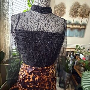 NWOT Fashion Nova Women’s Black Sheer Blouse w/ Feathered Bodice & Beaded Neck